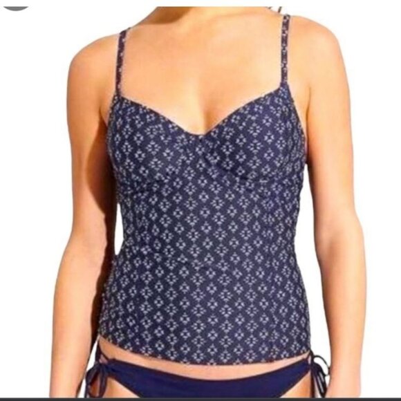 Athleta Women's 38 D/DD Swim Top Cross-Back Geometric Print Navy Blue white - Picture 1 of 10